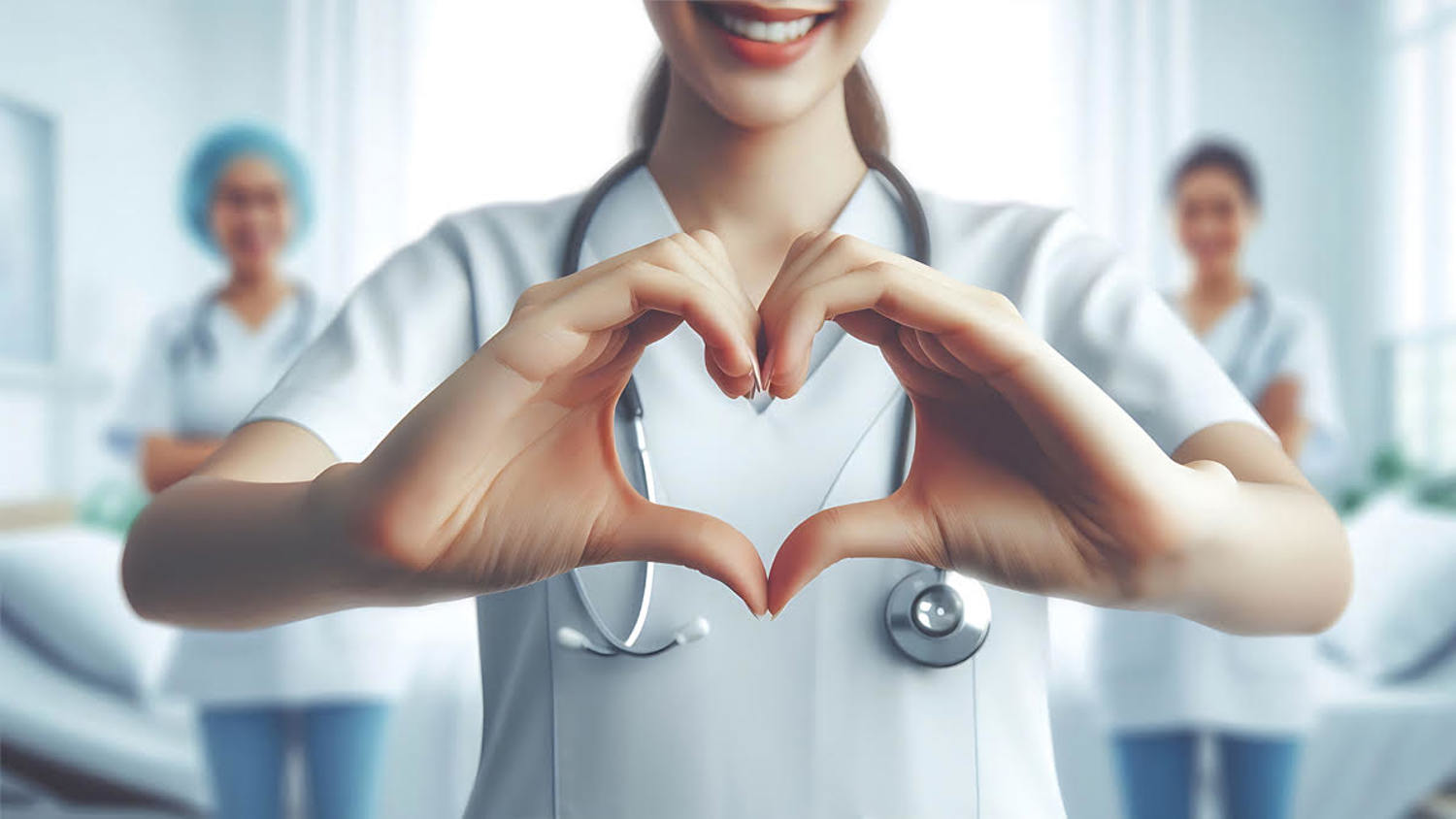 A smiling healthcare worker forms a heart shape with her hands, wearing a stethoscope around her neck. Two colleagues in medical uniforms stand in the blurred background inside a bright medical facility.