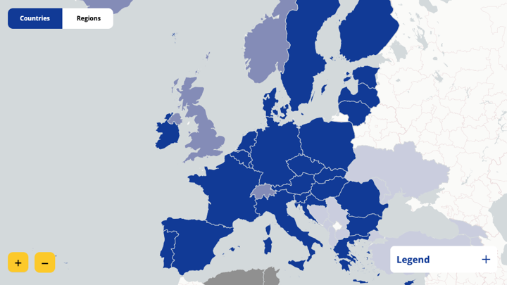 Map of Europe with countries highlighted in dark blue, light blue, or gray. Dark blue countries are in the western and northern parts. The map includes buttons for zooming and a legend.