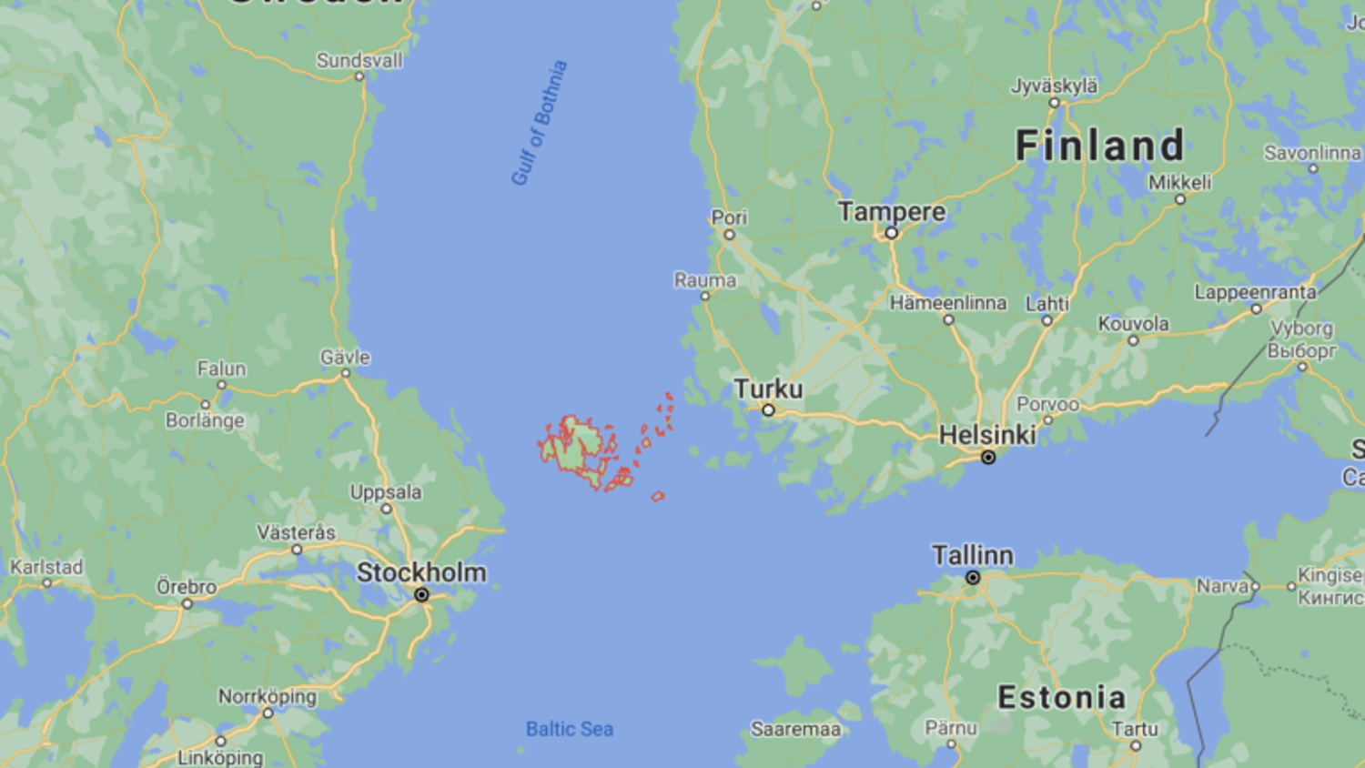 Map showing parts of Sweden, Finland, and Estonia. Key cities like Stockholm, Turku, Helsinki, and Tallinn are labeled. The Gulf of Bothnia and the Baltic Sea are visible. Insights into islands and maritime areas are highlighted.
