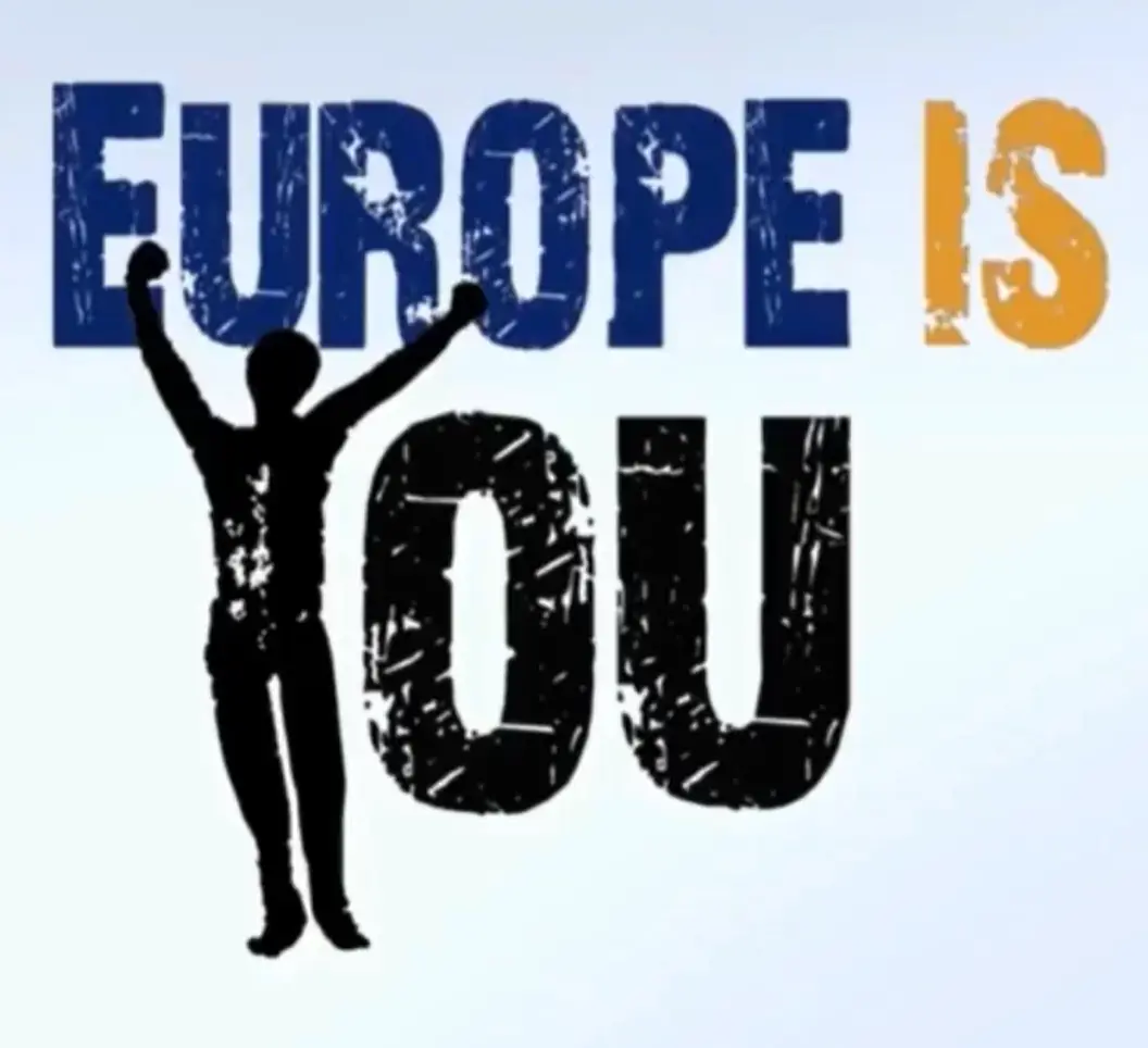 Text graphic reads "EUROPE IS YOU" with a silhouette of a person with raised arms forming the letter "Y" in "YOU". "EUROPE" is in blue, "IS" in orange, and "YOU" in black on a light background.