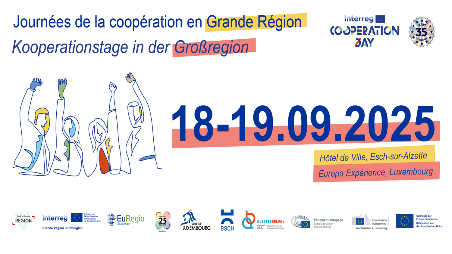 Event poster with illustrated people raising hands, text in French and German announcing Cooperation Days in the Greater Region on 18-19 September 2025 at Esch-sur-Alzette City Hall, Luxembourg. Various organization logos are at the bottom.