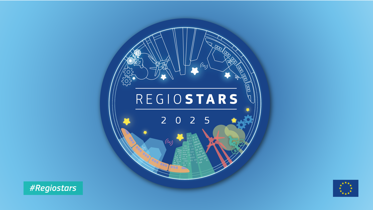 A circular emblem titled "REGIOSTARS 2025" with illustrations of robotic arms, gears, buildings, wind turbines, and a train. The hashtag #Regiostars is in the bottom left, and the European Union flag is in the bottom right.