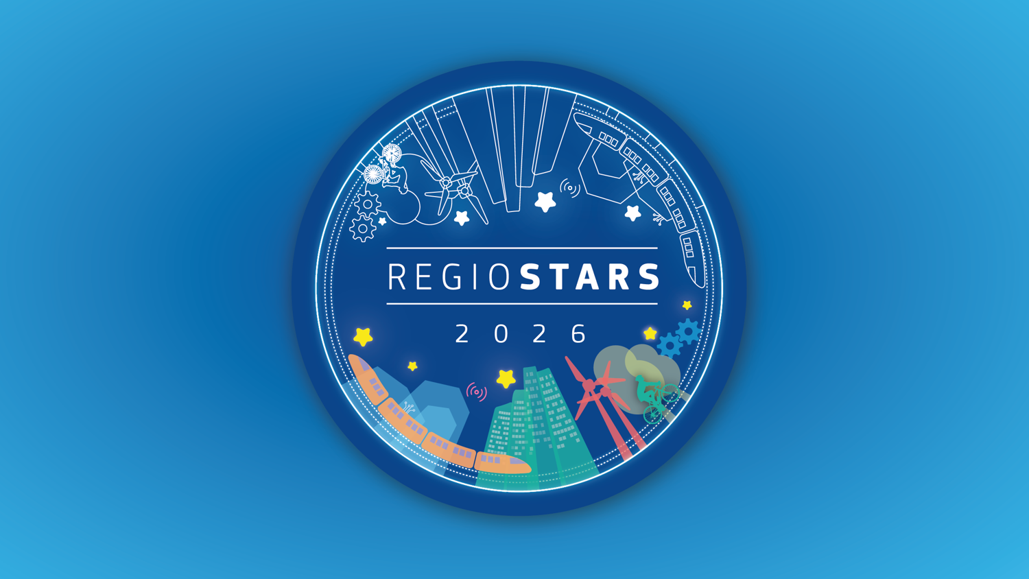 A circular blue logo for REGIOSTARS 2026, featuring illustrations of buildings, wind turbines, trees, stars, and constellations on a gradient blue background.