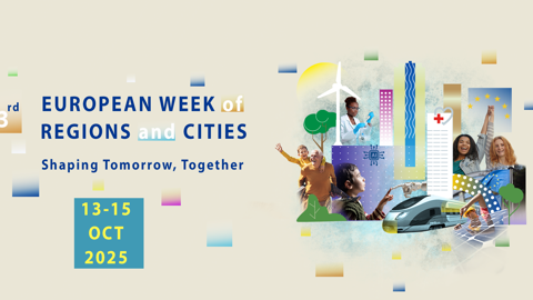 Promotional banner for the 23rd European Week of Regions and Cities, held 13-15 October 2025, featuring diverse people, sustainable energy icons, cityscapes, a train, EU stars, and the event’s slogan: "Shaping Tomorrow, Together.