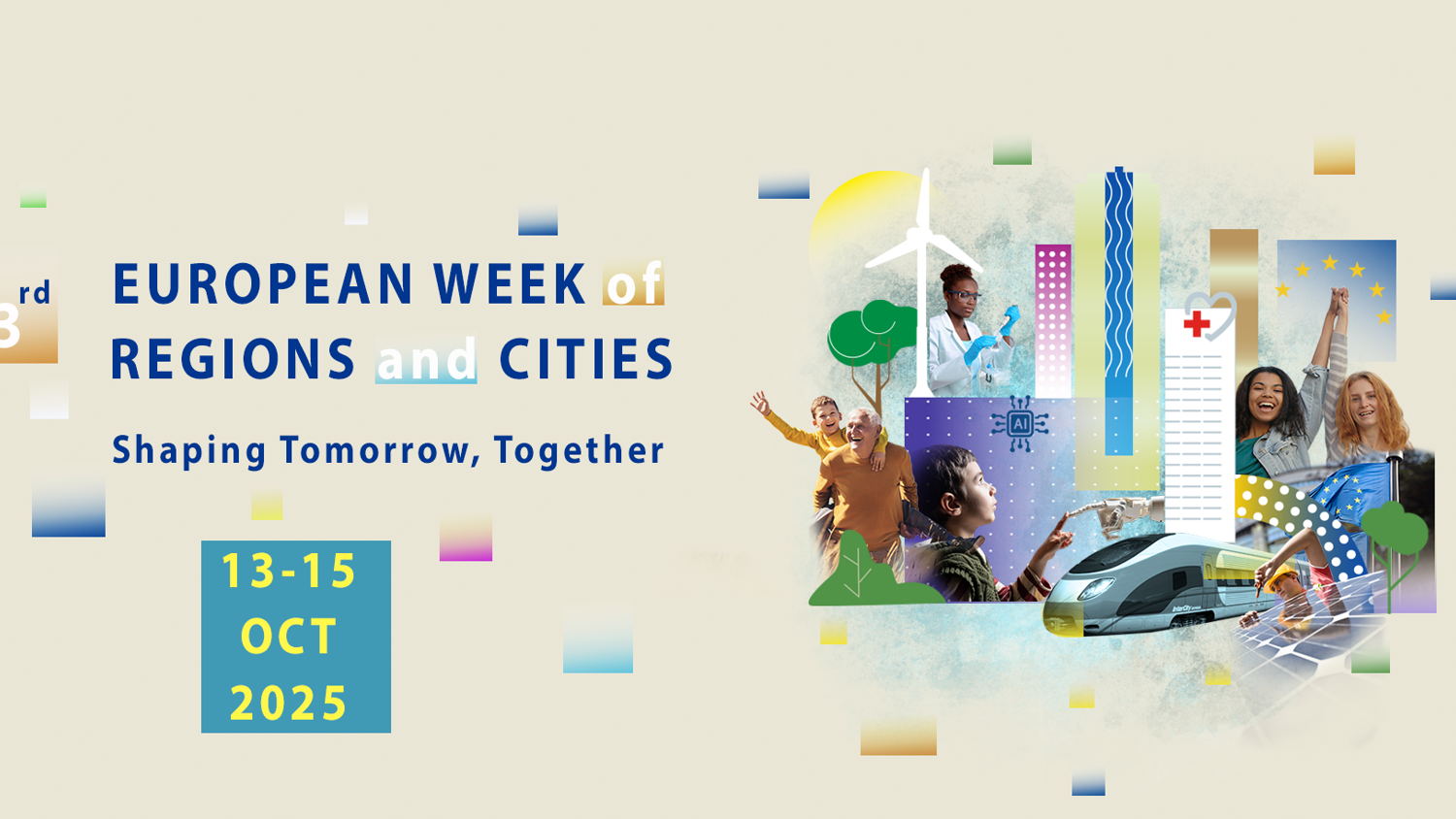Promotional banner for the 23rd European Week of Regions and Cities, held 13-15 October 2025, featuring diverse people, sustainable energy icons, cityscapes, a train, EU stars, and the event’s slogan: "Shaping Tomorrow, Together.