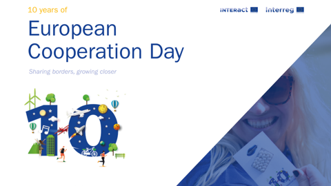 European Cooperation Day banner featuring the number 10 with illustrations of people, wind turbines, trees, and bikes. The right side shows a smiling person holding a badge, partially visible.