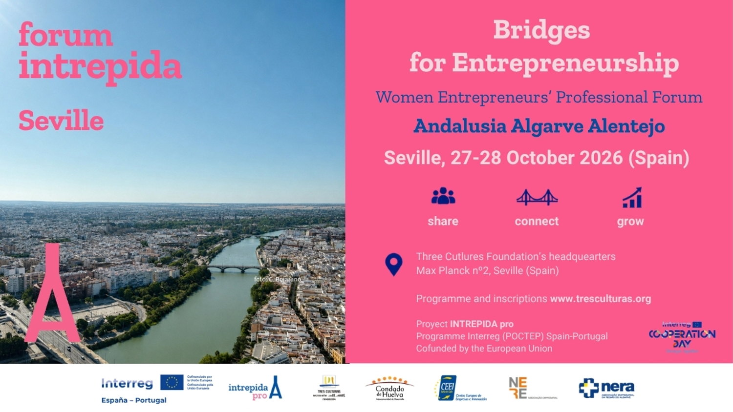 A promotional image for the Forum Intrepida “Bridges for Entrepreneurship,” showing Seville’s river view, event details, sponsor logos, and icons for sharing, connecting, and growing. Event is in Seville, 27-28 October 2026.