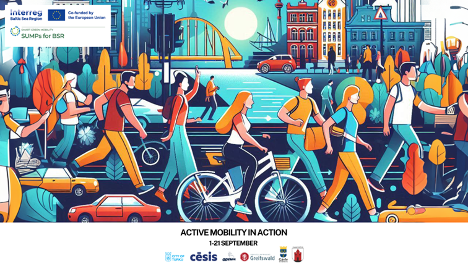 Illustrated scene of people engaging in active mobility like walking and cycling. The vibrant urban background includes trees, buildings, and vehicles. Text at the bottom reads "Active Mobility in Action" and mentions event dates.
