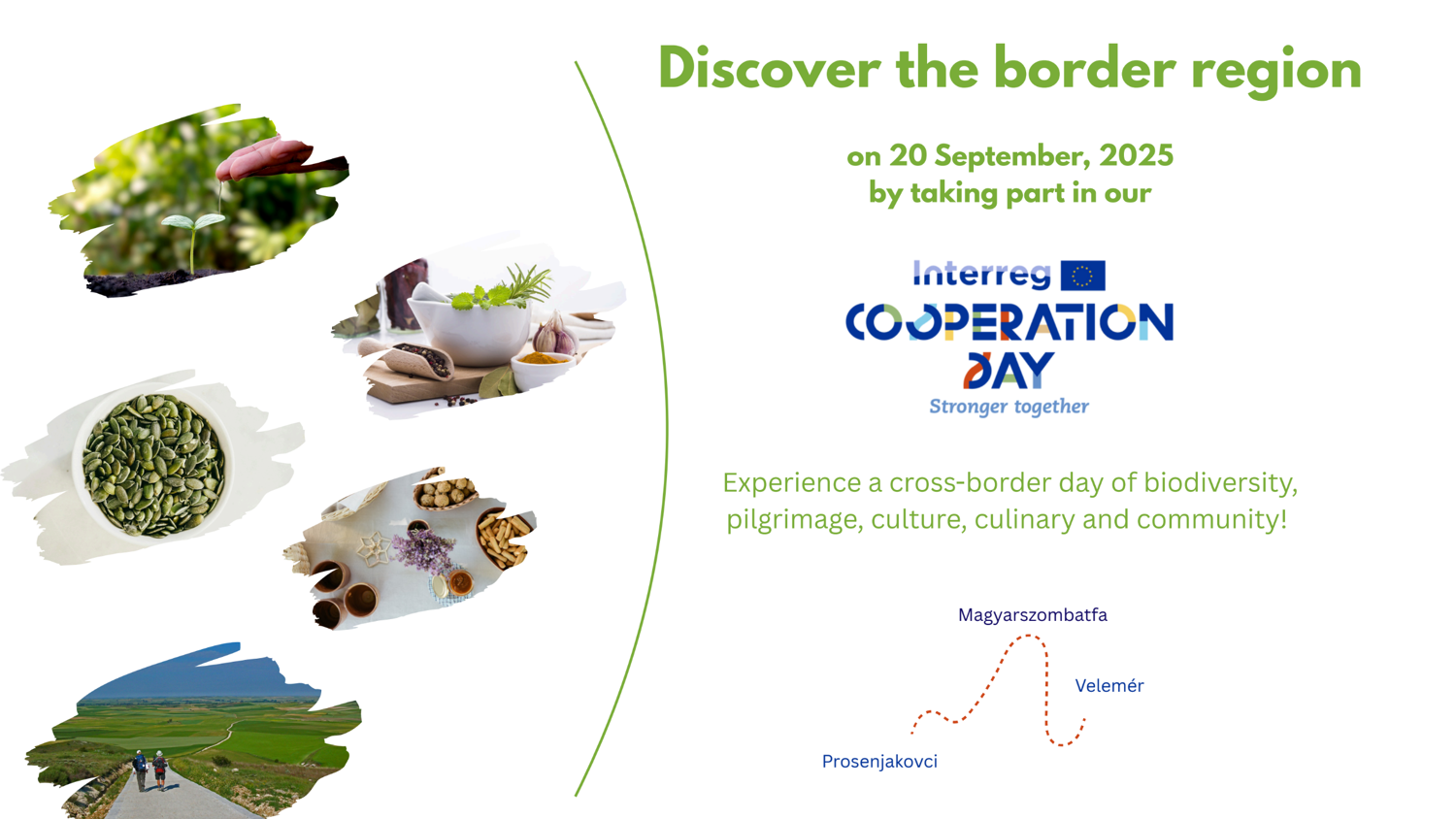 Promotional poster for Interreg Cooperation Day 2025, featuring food, landscapes, event info, and maps. Text invites participation in a cross-border celebration of biodiversity, culture, and community on September 20, 2025.
