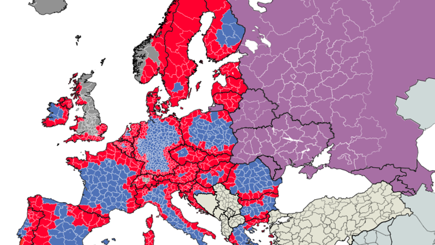 Map of Europe with regions colored in varying shades. Red and blue highlight parts of Central and Western Europe. Purple dominates Eastern Europe, while gray covers other areas. Malta is circled and emphasizes its position.