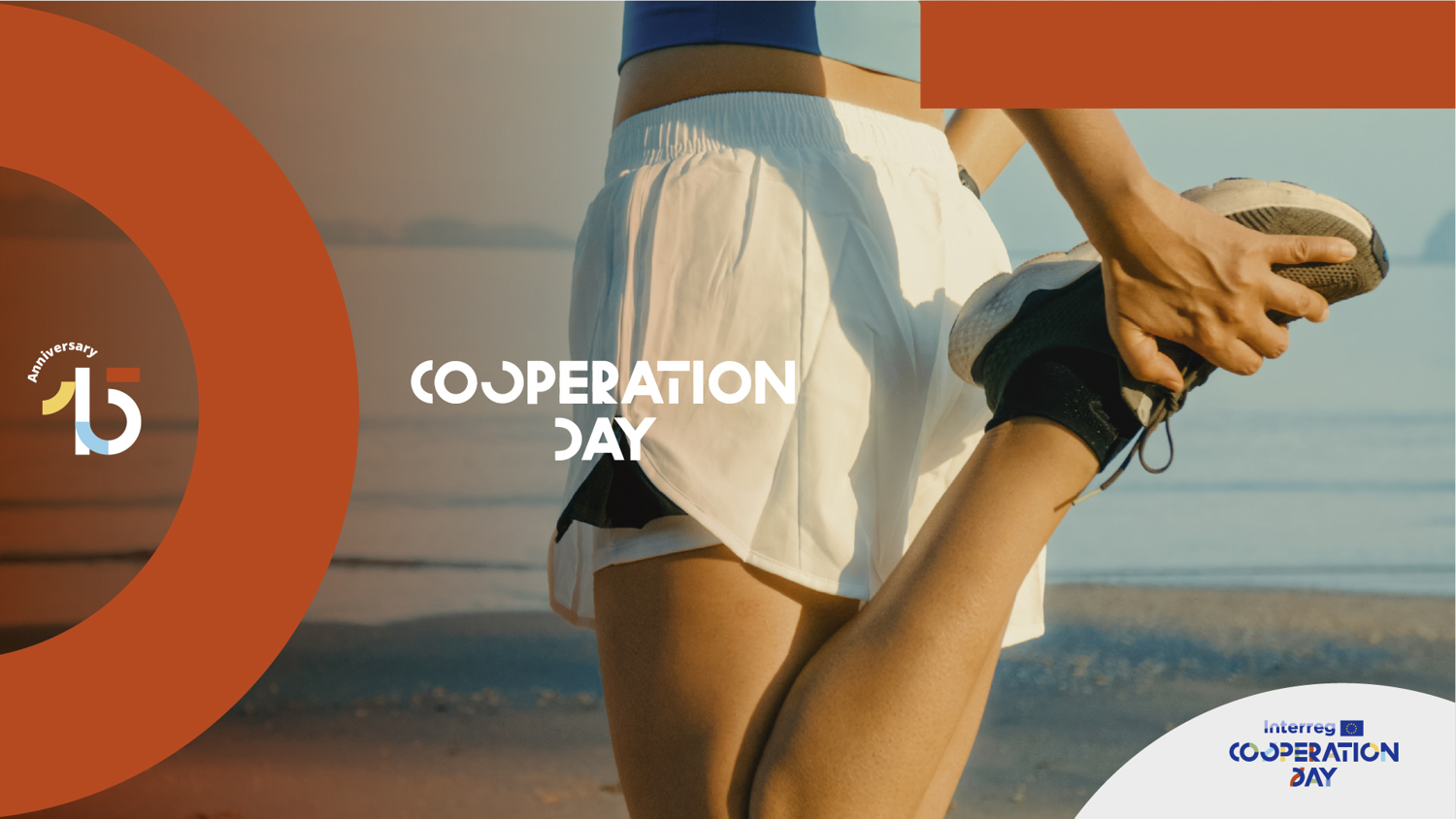 A person in athletic wear stretches their leg outdoors by the water. Text reads “Cooperation Day” with anniversary graphics and logos in orange and blue tones.