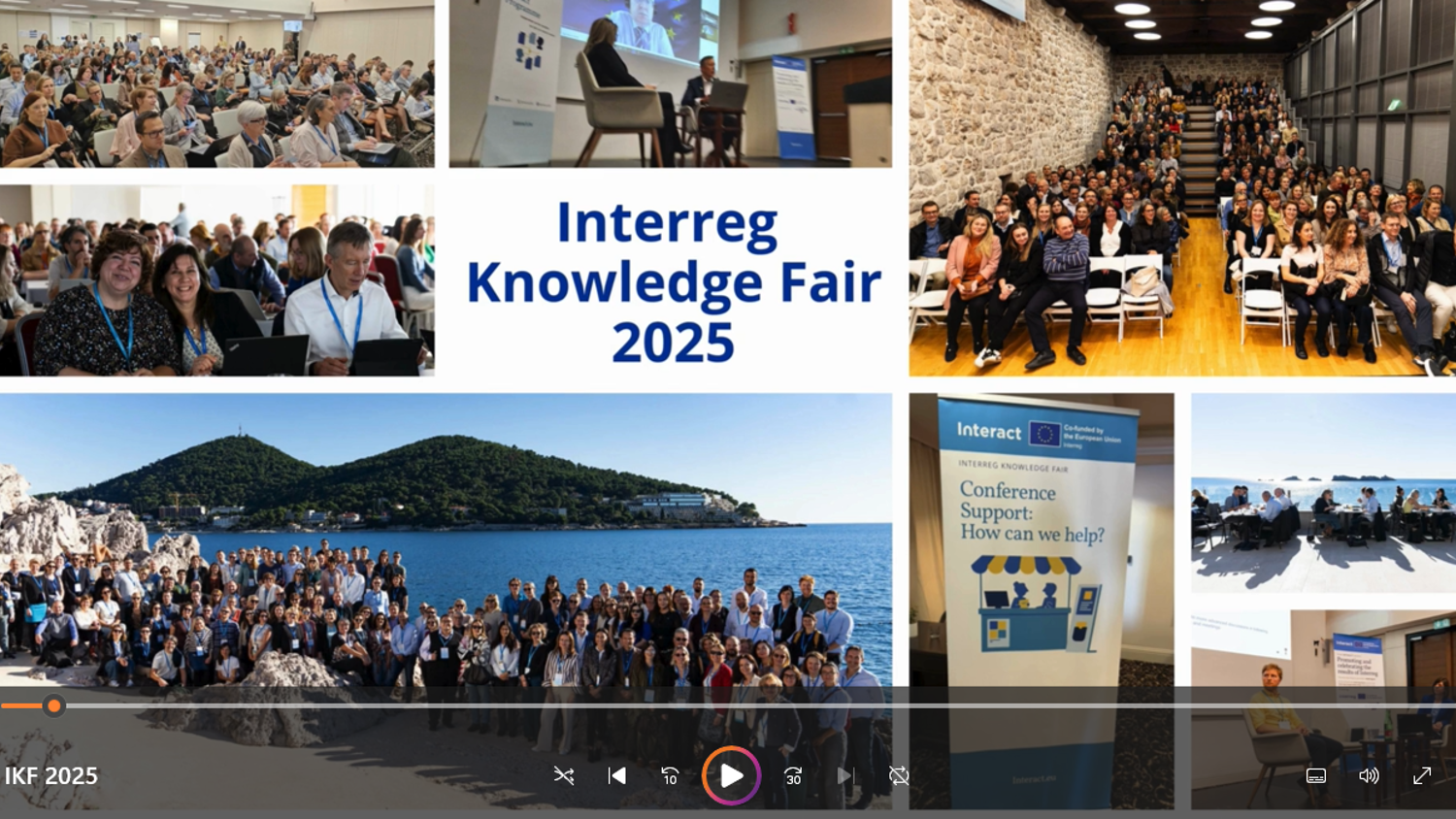 A collage of photos from the Interreg Knowledge Fair 2025 shows conference sessions, group discussions, attendees, and scenic outdoor gatherings by the sea, with the event title displayed in the center.