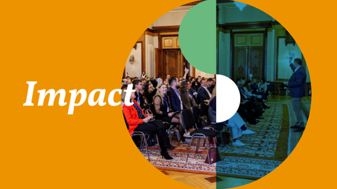 A speaker presents to a seated audience in an ornate room, with the word "Impact" overlaid in bold white text on an orange background, decorated with circular and yin-yang shapes.