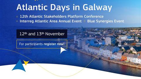 Promotional graphic for “Atlantic Days in Galway,” featuring event details for November 12–13, 2025, and a coastal cityscape of Galway, with logos of various European and Irish organizations at the bottom.