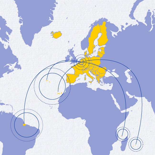 World map highlighting Europe in yellow with blue continents. Blue lines with arrows extend from Europe to different parts of the world, including South America, Africa, and regions in the Atlantic and Indian Oceans.