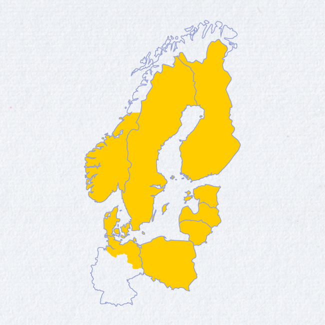 A simple map highlighting the countries of Norway, Sweden, Finland, and Denmark in yellow. The surrounding areas, including parts of Russia and the Baltic Sea, are outlined in blue on a white background.