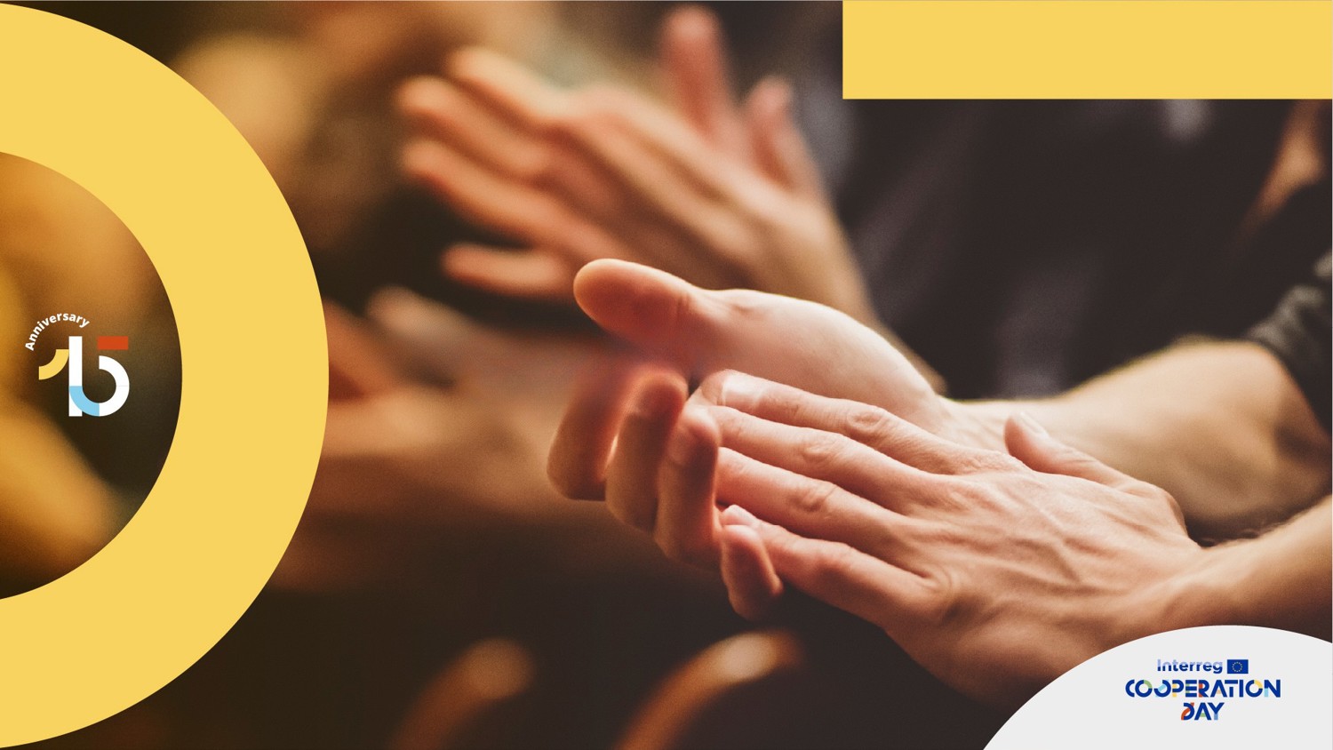 Close-up of several people clapping with blurred hands in motion. The image has yellow graphic elements, a "15 years" logo, and a "Cooperation Day" logo in the bottom right corner.