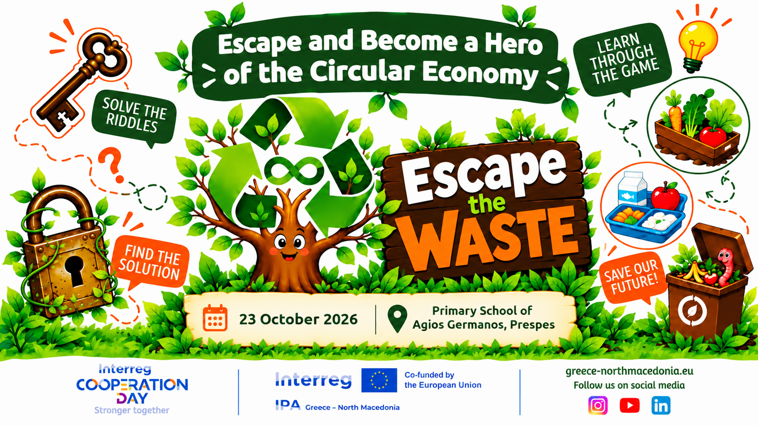 Poster for “Escape the Waste,” an educational game about the circular economy on October 23, 2026, at Primary School of Agios Germanos, Prespes, featuring illustrations of recycling symbols, a key, a lock, and fresh produce.