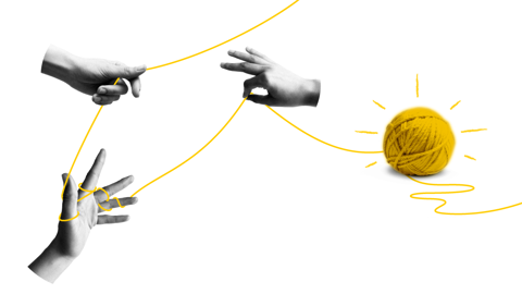 Three grayscale hands interact with a bright yellow string that connects them to a glowing ball of yarn on the right. One hand holds the string, another reaches, and the bottom hand weaves the string through its fingers against a white background.