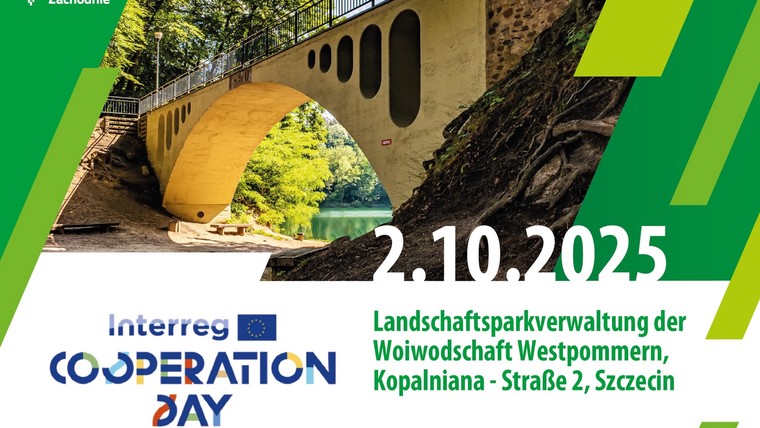 A yellow arched bridge over a river with green trees in the background. Text reads: "2.10.2025, INTERREG Cooperation Day, Landschaftsparkverwaltung der Woiwodschaft Westpommern, Kopalniana - Straße 2, Szczecin.