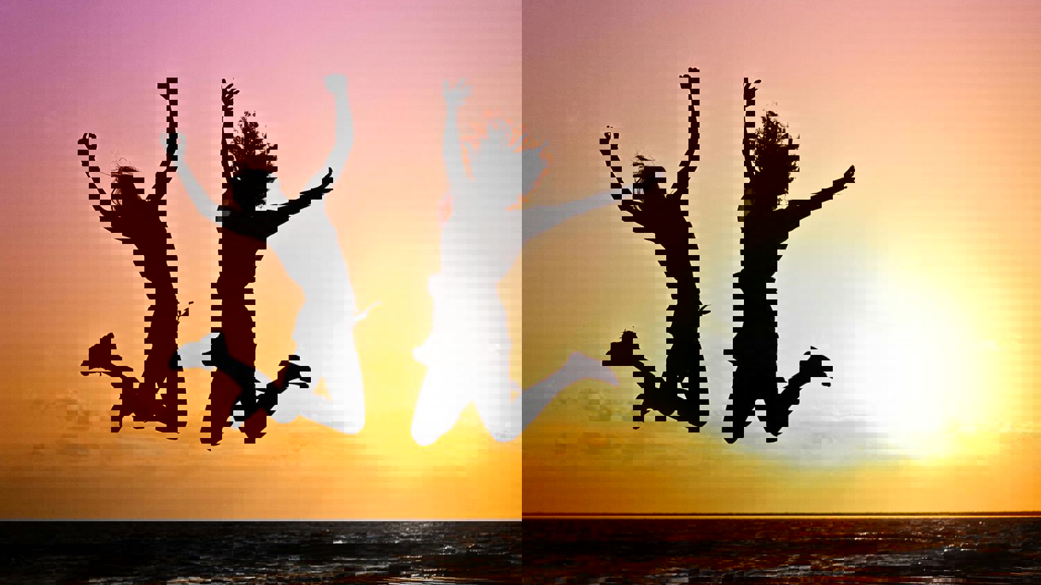 Three people jump in the air at a beach during sunset. The image has a glitch effect, with overlapping silhouettes and digital distortion, blending warm orange, yellow, and pink tones in the sky.
