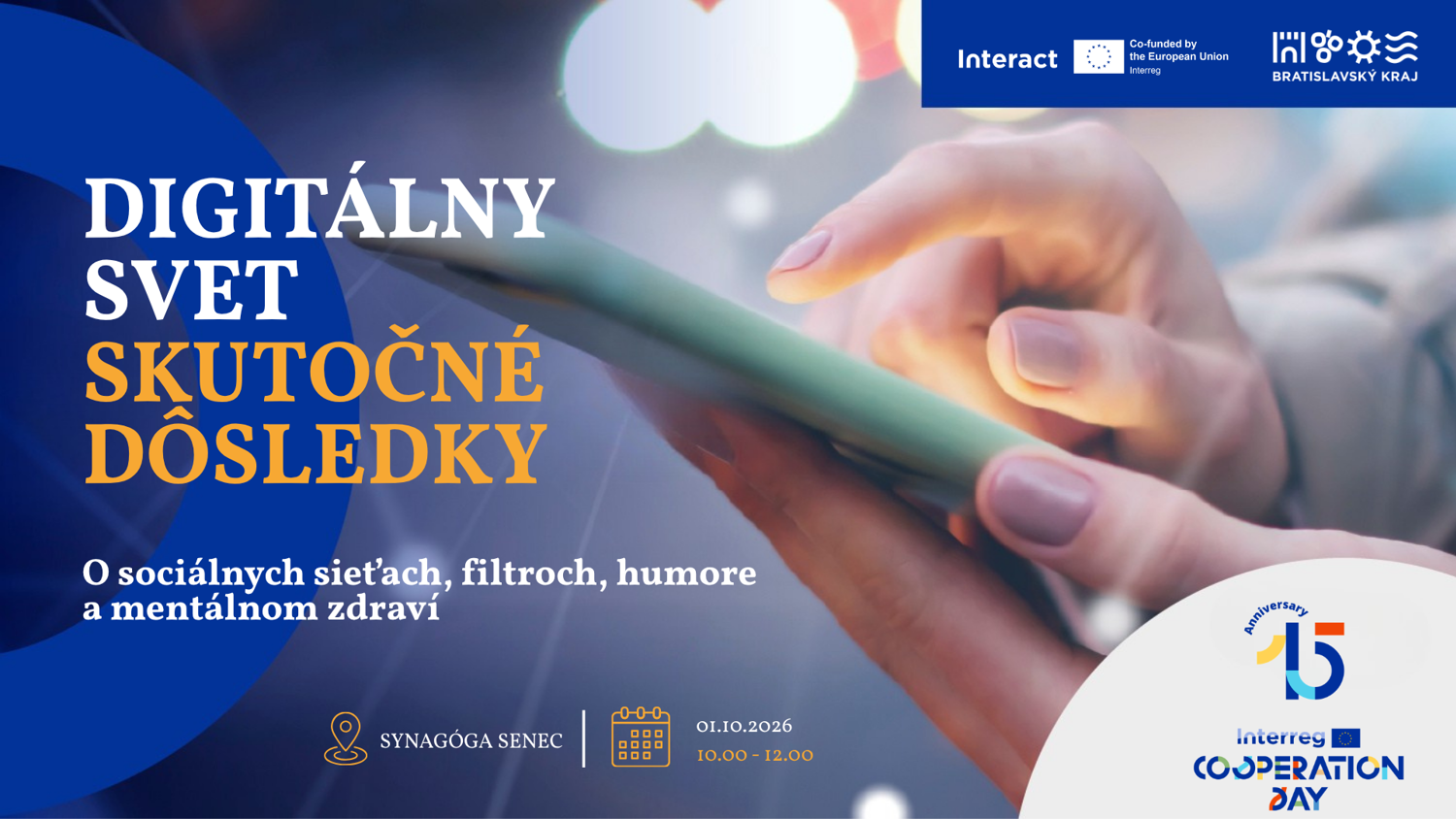 Person using a tablet, with Slovak text about digital world and real consequences, event details, and multiple logos on a blue and orange background.