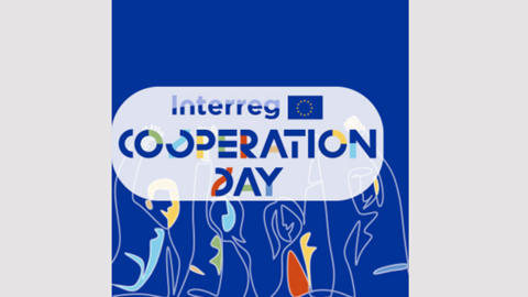 Blue poster with "Interreg Cooperation Day" text and an EU flag above. Outline illustrations of people in various colors are shown at the bottom.