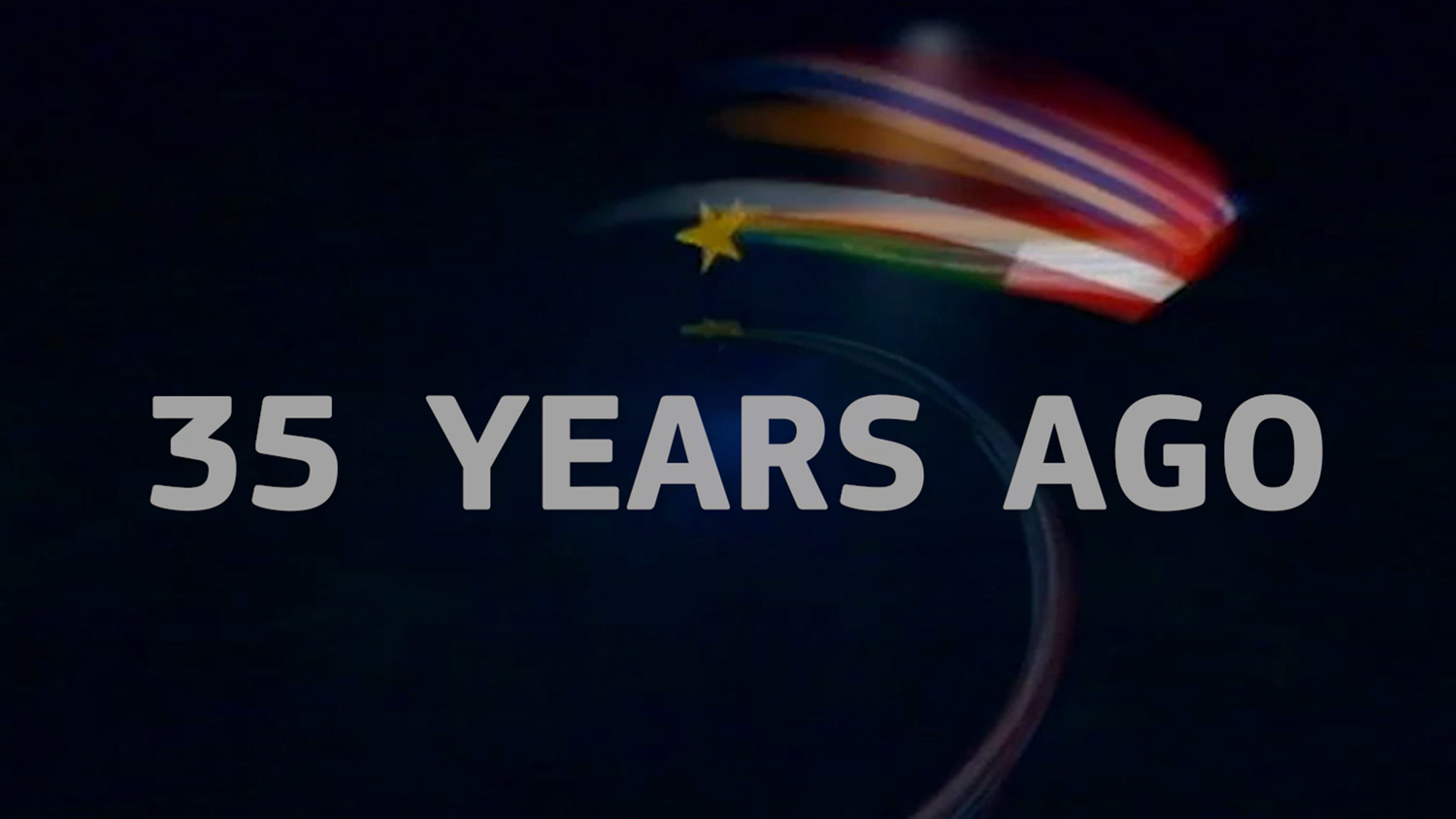 35 YEARS AGO" in bold gray text with a blurred image of a yellow star and colorful streaks on a dark background.