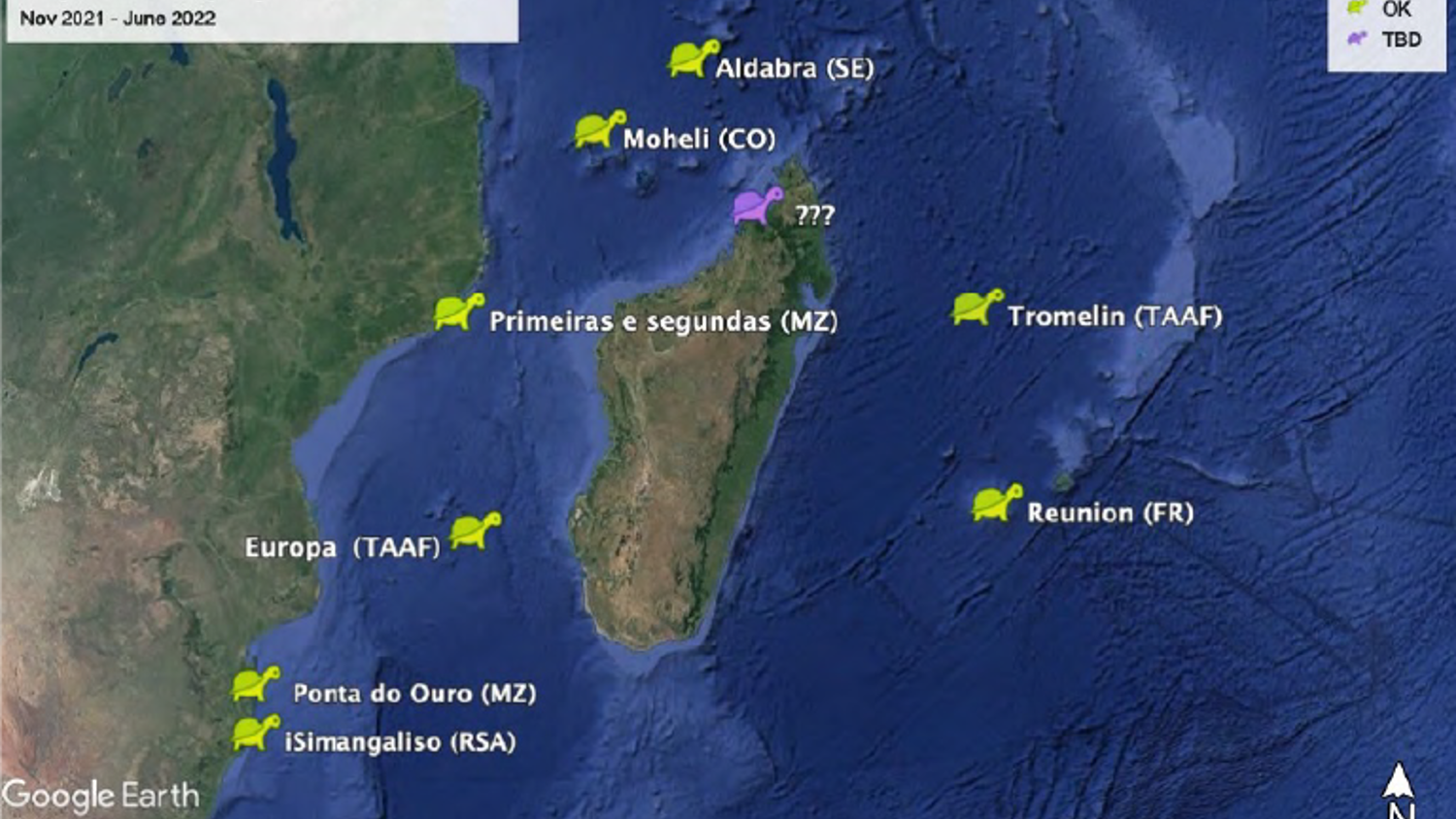 A map showing expected deployment locations in the Indian Ocean region between November 2021 and June 2022. Locations include Aldabra, Moheli, Europa, Tromelin, Reunion, Ponta do Ouro, iSimangaliso, and others labeled "OK" or "TBD.