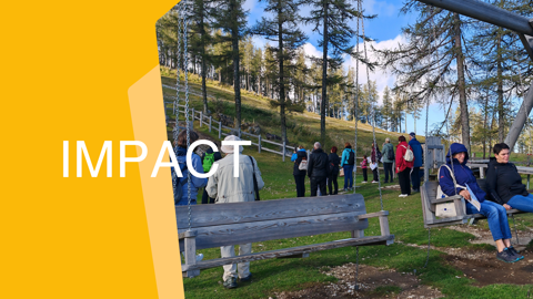 A group of people gather outdoors on grassy terrain with trees, some sitting on wooden swings, under a partly cloudy sky. Large white text reads "IMPACT" over a yellow geometric shape on the left.