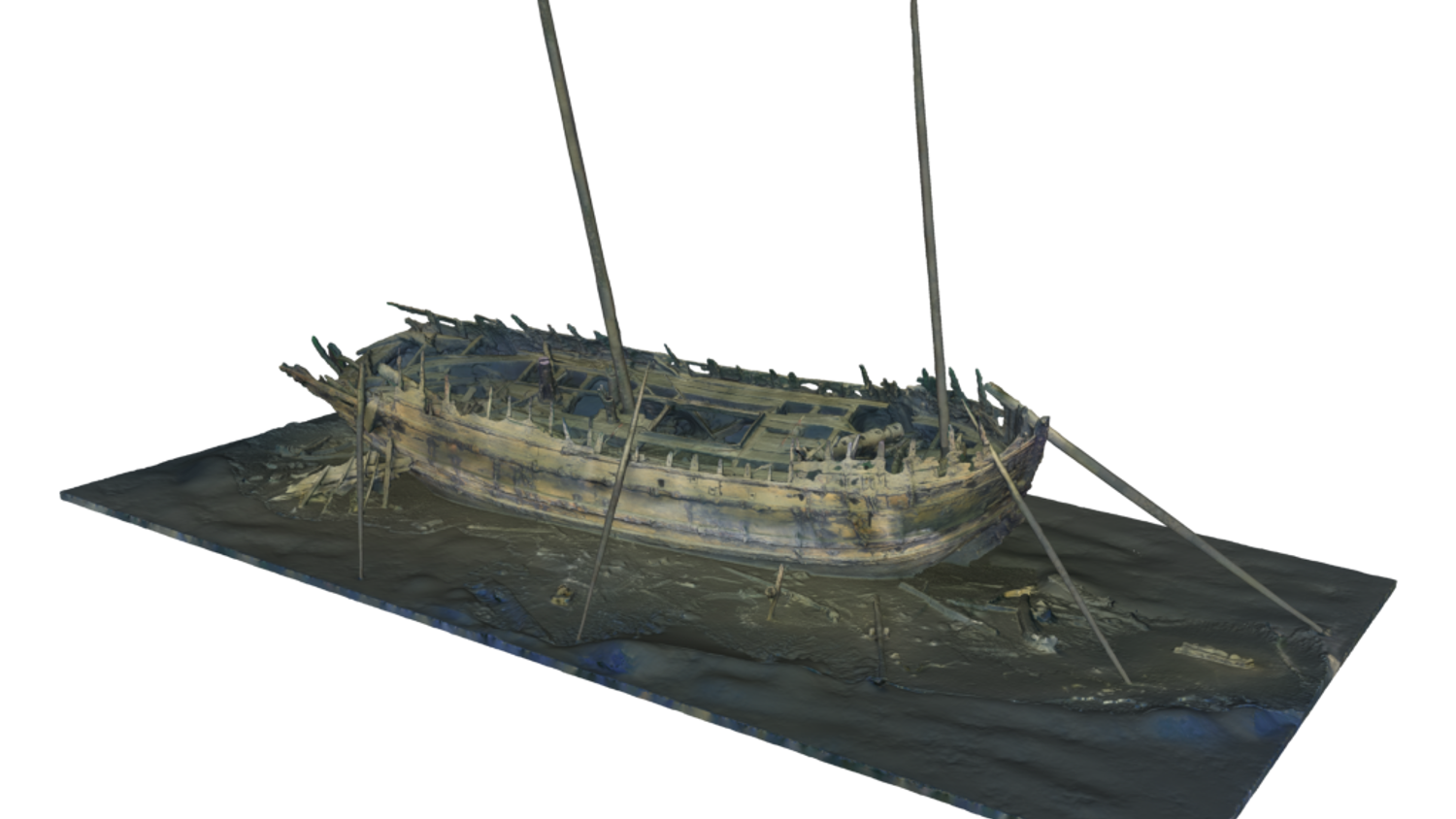 3D model of an old sunken shipwreck with partially preserved hull and broken masts, resting on the seafloor against a dark background.