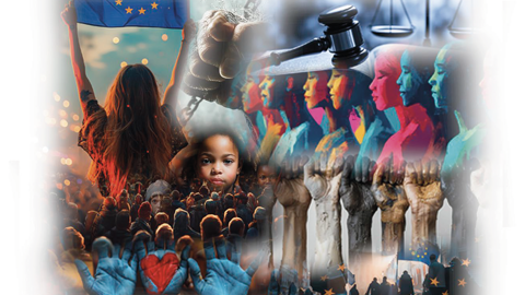 A collage showing diverse people raising fists, a child, painted hands with a heart, an EU flag, scales of justice, and a judge’s gavel, symbolizing unity, diversity, justice, and human rights.