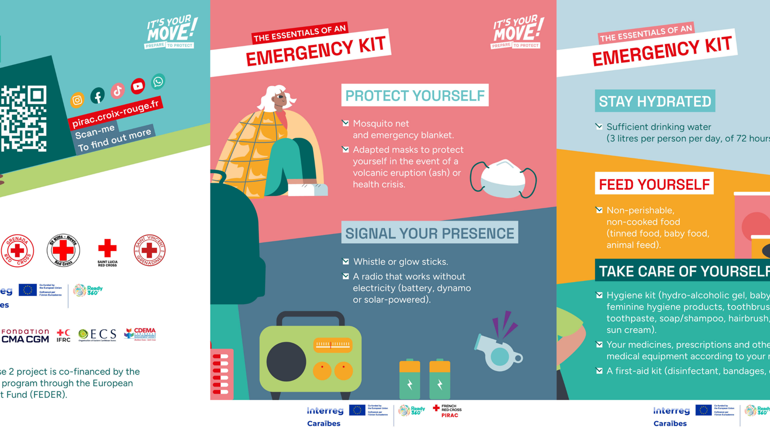 A colorful infographic titled “Emergency Kit: It’s Your Move!” with illustrations of people, emergency supplies, a backpack, and tips for preparing and protecting yourself in an emergency. Logos of participating organizations are at the bottom.
