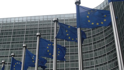 Several European Union flags with yellow stars on a blue background are flying in front of a modern glass-fronted building on a cloudy day.