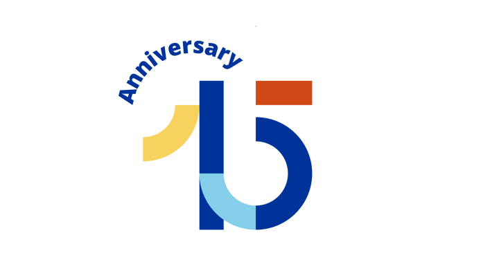 A stylized "15" anniversary logo with abstract shapes in blue, orange, and yellow on a black background. The word "Anniversary" curves over the top left of the number "1.