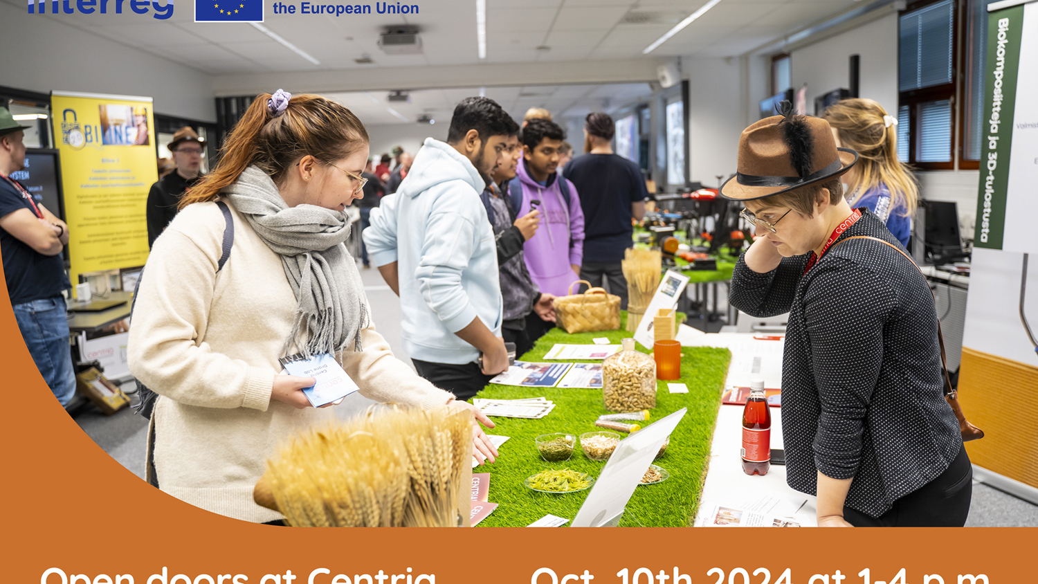People gathering at an open house event at Centria, featuring various displays and activities. Attendees examine materials on tables. Banner states the event is on October 10, 2024, from 1-4 p.m. Co-funded by the European Union.