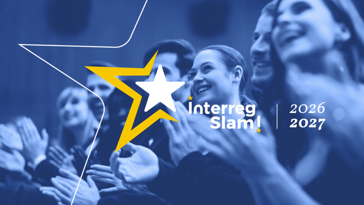 A group of people in formal attire are clapping and smiling at an event. Overlaid graphics include a yellow and white star, the text "Interreg Slam!", and the years "2026" and "2027.