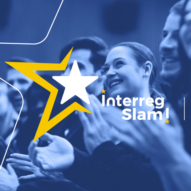 A group of people in formal attire are clapping and smiling at an event. Overlaid graphics include a yellow and white star, the text "Interreg Slam!", and the years "2026" and "2027.