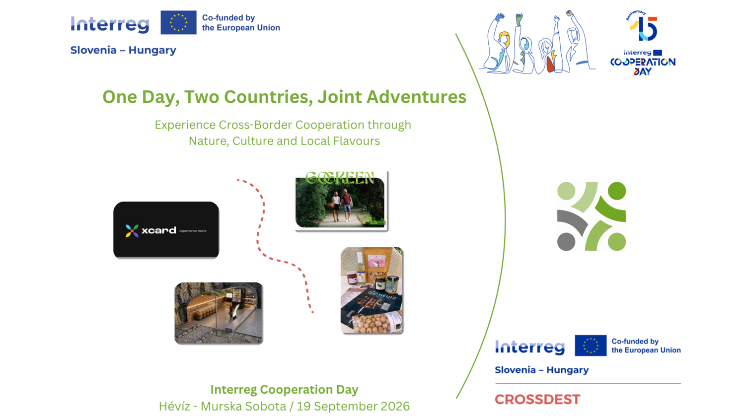Promotional graphic for “Interreg Cooperation Day” showing logos, event title, images of food, crafts, and cycling, plus event details: Hévíz-Murska Sobota, 19 September 2026.