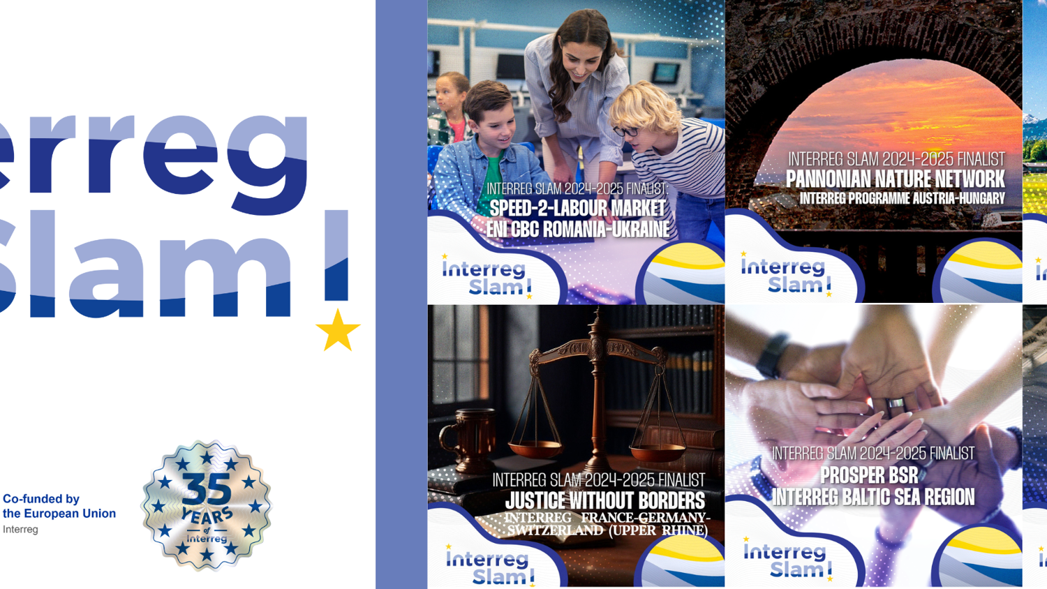 A collage titled "Interreg Slam!" with various images: people discussing, an EU logo, a natural panorama, and a close-up of a hiking map. Includes logos for Interact, EU, and "35 years." Text mentions Interreg programs in different regions.