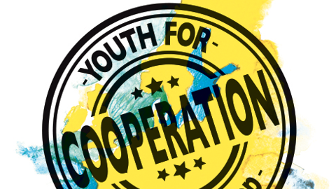 A round stamp design with the words "Youth for Cooperation" and "#Youth4Coop." The stamp is overlaid on a watercolor map of Europe in yellow and blue shades.