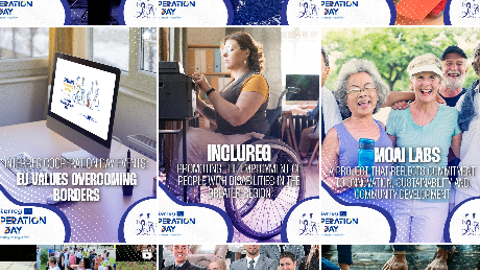 A collage of nine images celebrating Interreg Cooperation Day, featuring groups of people, project highlights, and banners with messages about teamwork, inclusion, and cross-border collaboration in Europe.