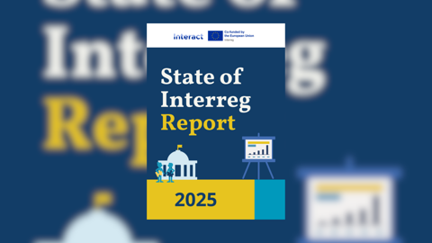 Cover of the "State of Interreg Report 2025," featuring icons of a government building with a flag, a bar chart, and the logo of the European Union's Interact program at the top.