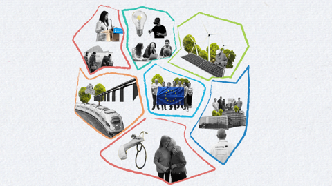 A collage of images depicting environmental and technological themes: people with solar panels, a light bulb, a wind turbine, a train, a surveillance camera, an EU flag, and individuals with a stethoscope, all outlined in colorful segments.