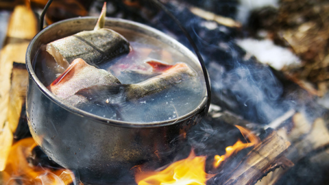 A metal pot filled with fish pieces is boiling over an open campfire, with smoke rising and flames visible beneath the pot. The scene suggests outdoor cooking in a rustic or wilderness setting.