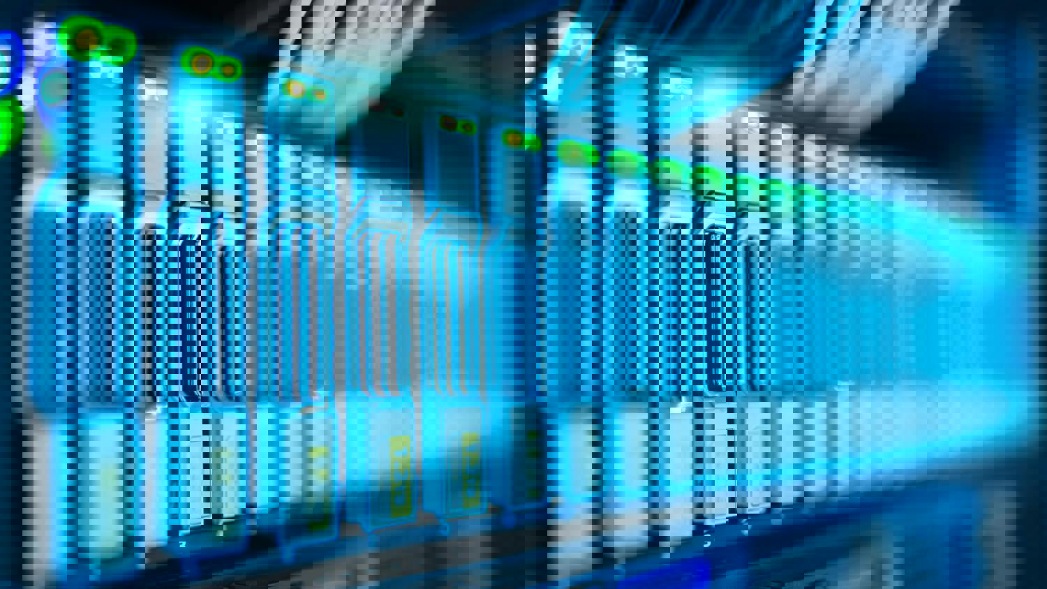 Abstract digital image with blue and black tones, featuring distorted horizontal lines and geometric patterns, creating a glitch or data corruption effect. Green and white highlights add visual contrast.