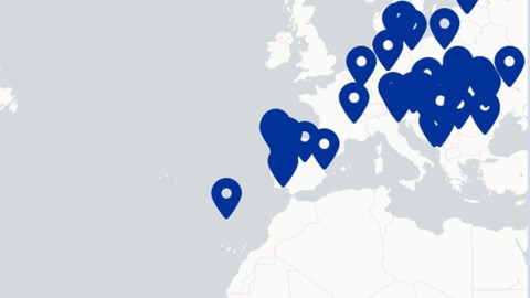 A map of Europe and surrounding regions with multiple blue location markers across various European countries, parts of northern Africa, the Middle East, and one marker in South America.