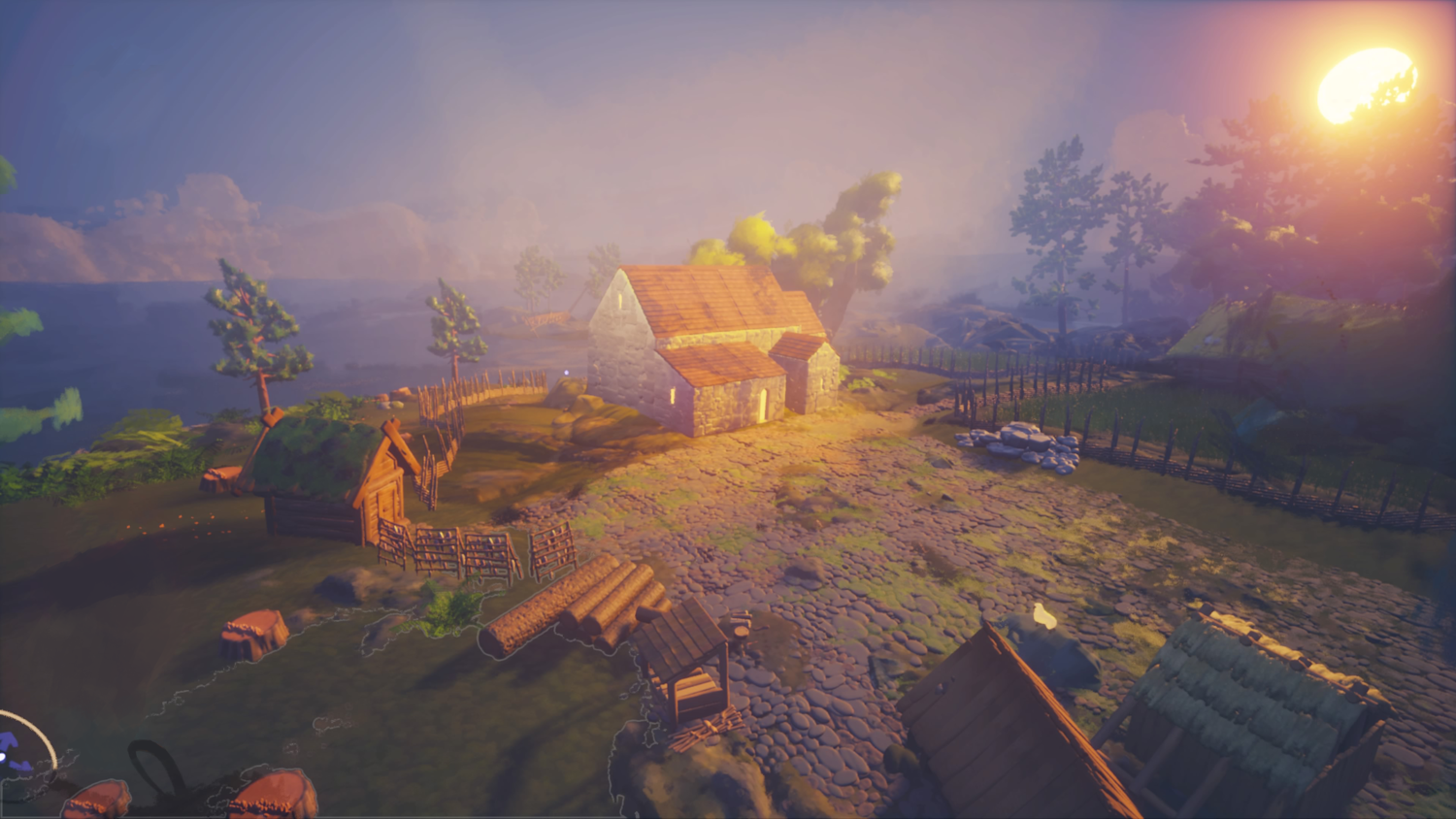 A sunlit, rustic village scene in a video game style, featuring a stone house with a red roof, wooden fences, small huts, trees, and rocky terrain under a bright, setting sun and hazy sky.