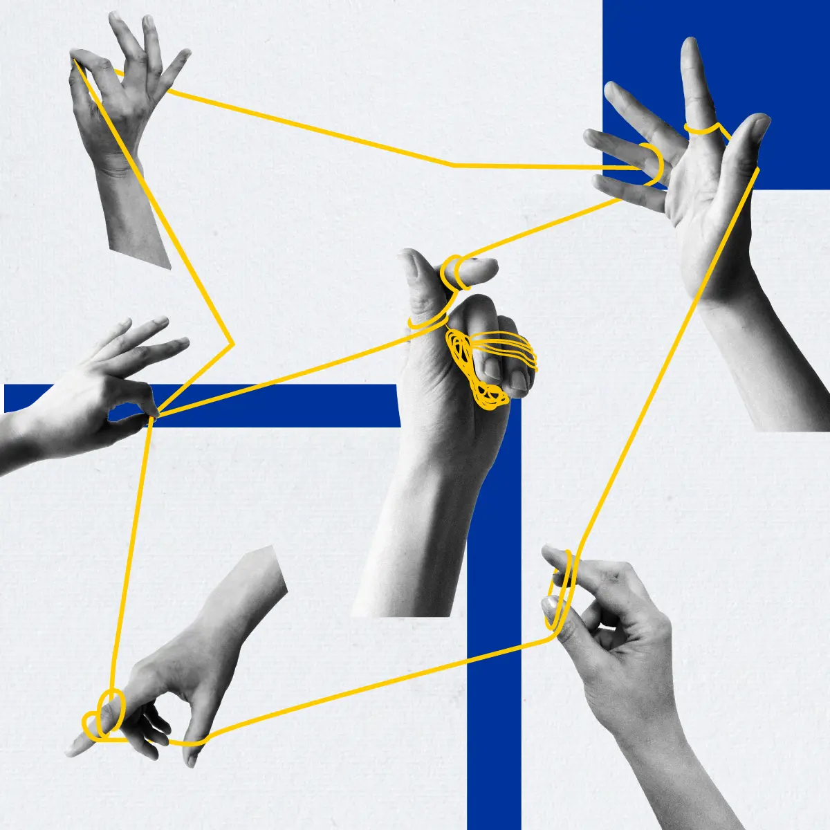 Collage of six hands playing with yellow string, creating intricate patterns, set against a background with blue geometric shapes. Each hand is in a different position, showcasing various stages of string manipulation.