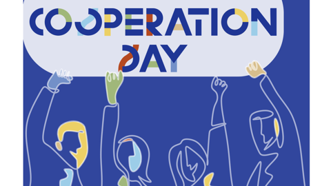 Illustrated image with four figures raising their arms below the text “Interreg Cooperation Day.” The background is blue, and the figures are outlined in various colors. Above the text is the European Union flag symbol.